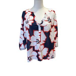 Sonoma blue red floral blouson sleeve top business office XXL